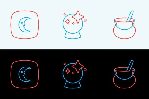 Set line Witch cauldron, Moon and stars and Magic ball icon. Vector Stock Illustration