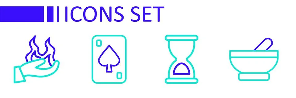 Set line Witch cauldron, Old hourglass, Playing cards and Hand holding fire icon Stock Illustration