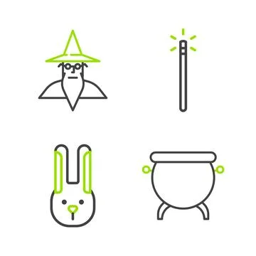 Set line Witch cauldron, Rabbit with ears, Magic wand and Wizard warlock ic.. Stock Illustration