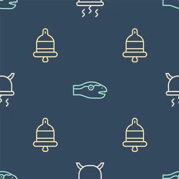Set line Witch cauldron, Ringing alarm bell and Snake on seamless pattern Stockillustratie