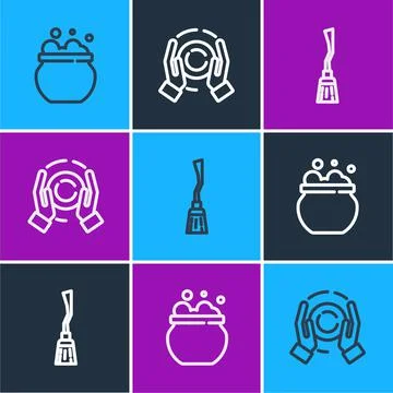 Set line Witch cauldron, Witches broom and Magic ball hand icon. Vector Illustration