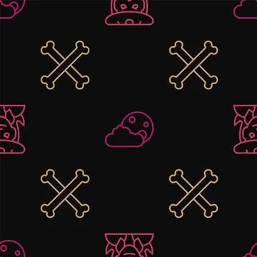 Set line Witch, Crossed bones and Moon and stars on seamless pattern. Vector Stock Illustration