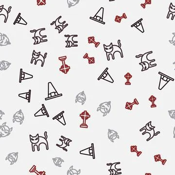 Set line Witch hat, Black cat, Devil head and Tombstone with cross on seamless 스톡 일러스트