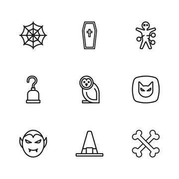 Set line Witch hat, Black cat, Crossed bones, Owl bird, Voodoo doll, Spider.. Illustration