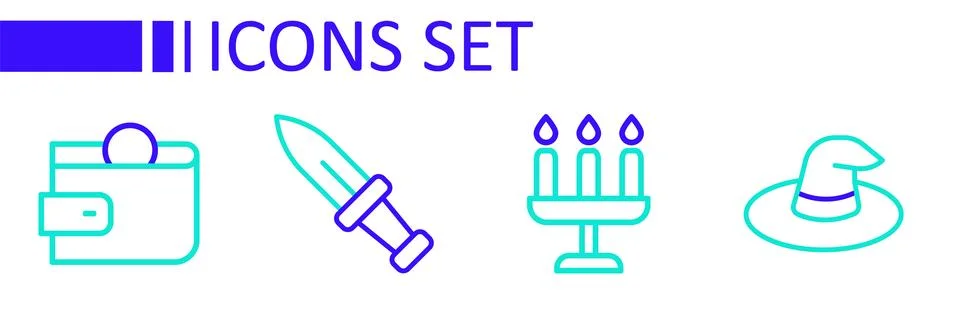 Set line Witch hat, Candlestick, Dagger and Wallet icon. Vector Stock Illustration