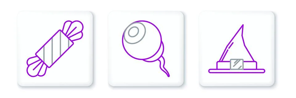 Set line Witch hat, Candy and Eye icon. Vector Stock Illustration