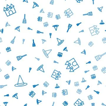 Set line Witch hat, Castle and Witches broom on seamless pattern. Vector Stock Illustration