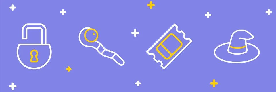 Set line Witch hat, Circus ticket, Magic staff and Open padlock icon. Vector Illustrazione stock