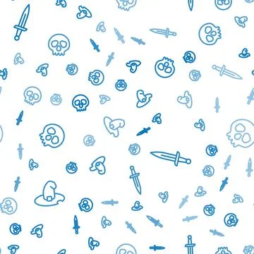 Set line Witch hat, Dagger and Skull on seamless pattern. Vector Stock Illustration