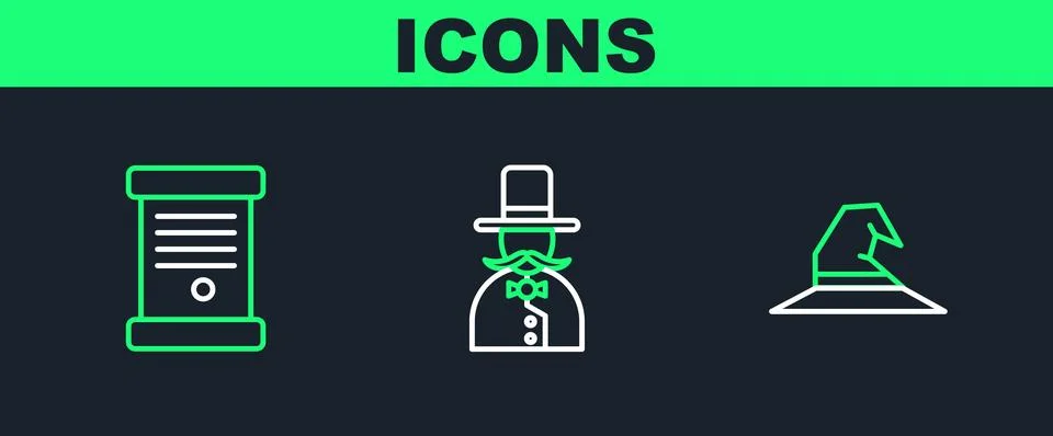 Set line Witch hat, Decree, paper, parchment, scroll and Magician icon. Vector Illustrazione stock