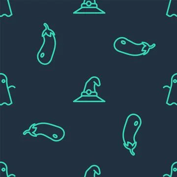 Set line Witch hat, Eggplant and Ghost on seamless pattern. Vector Illustrazione stock