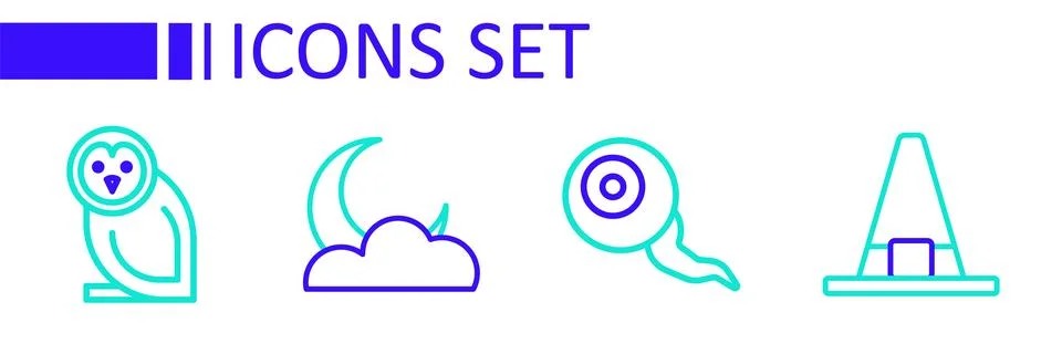 Set line Witch hat, Eye, Moon and stars and Owl bird icon. Vector Stock Illustration