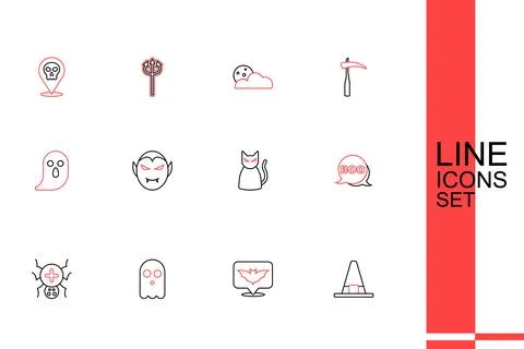 Set line Witch hat, Flying bat, Ghost, Spider, Boo speech bubble, Black cat.. Stock Illustration