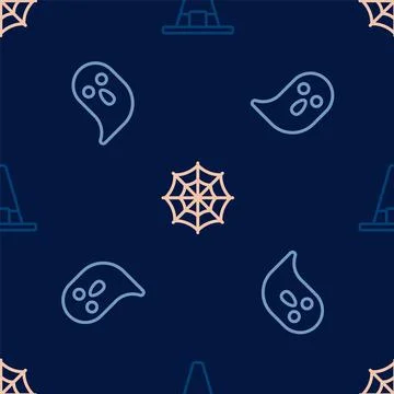 Set line Witch hat, Ghost and Spider web on seamless pattern. Vector Stock Illustration