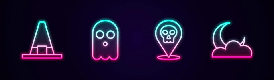 Set line Witch hat, Ghost, Skull and Moon and stars. Glowing neon icon. Vector Stock Illustration