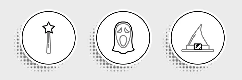 Set line Witch hat, Magic wand and Funny scary ghost mask for Halloween icon Stock Illustration