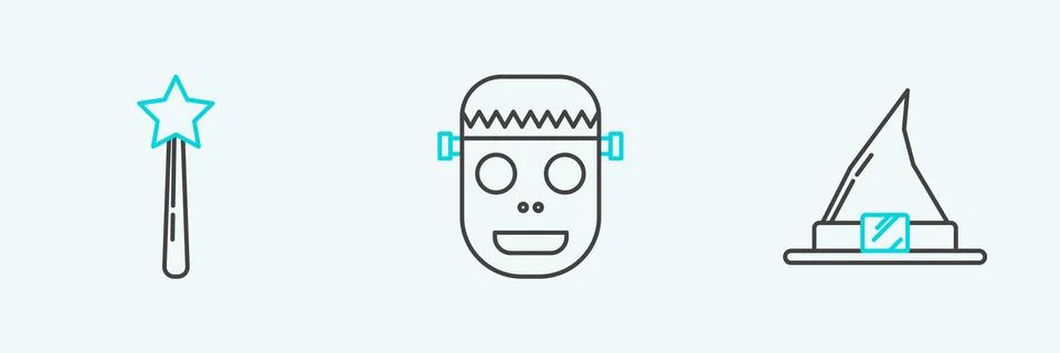 Set line Witch hat, Magic wand and Zombie mask icon. Vector Stock-Illustration