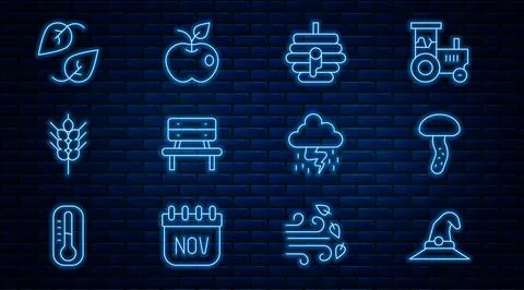 Set line Witch hat, Mushroom, Hive for bees, Bench, Wheat, Leaf, Storm and Apple Ilustração Stock