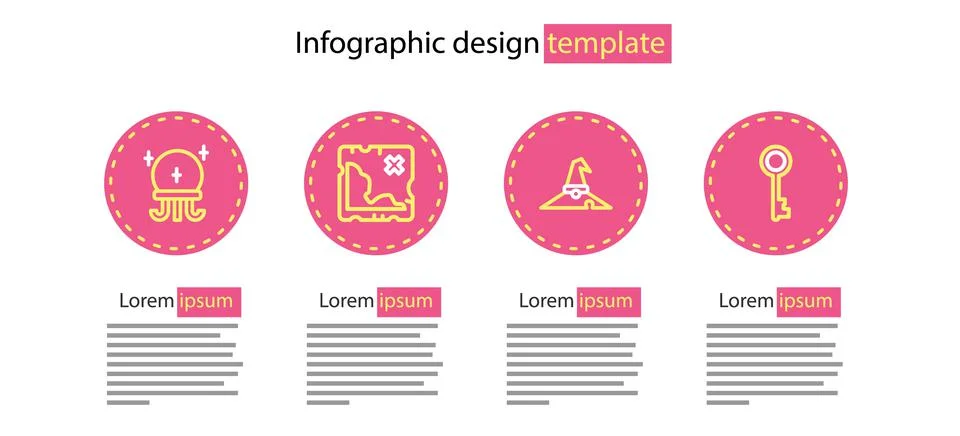 Set line Witch hat, Old key, Pirate treasure map and Magic ball icon. Vector Stock Illustration