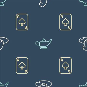 Set line Witch hat, Playing cards and Magic lamp or Aladdin on seamless pattern Stock Illustration
