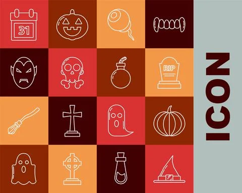 Set line Witch hat, Pumpkin, Tombstone with RIP, Eye, Skull crossbones, Vampire Stock Illustration