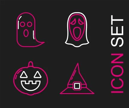 Set line Witch hat, Pumpkin, Funny and scary ghost mask for Halloween and G.. Illustrazione stock