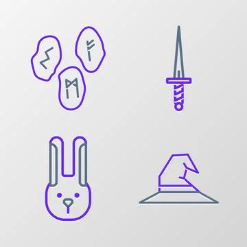 Set line Witch hat, Rabbit with ears, Dagger and Magic runes icon. Vector Stock Illustration