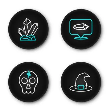 Set line Witch hat, Skull, Magic stone and  icon. Vector Stock Illustration