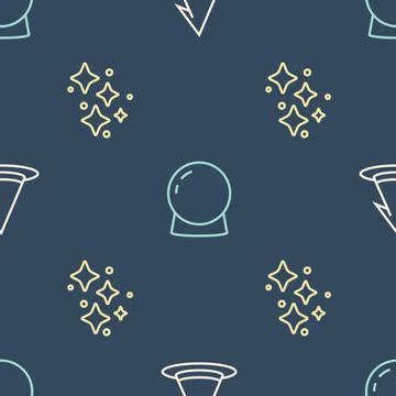 Set line Witch hat, Sparkle stars with magic and Magic ball on seamless pattern Stock Illustration