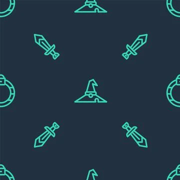 Set line Witch hat, Sword for game and Magic stone ring on seamless pattern Stock Illustration