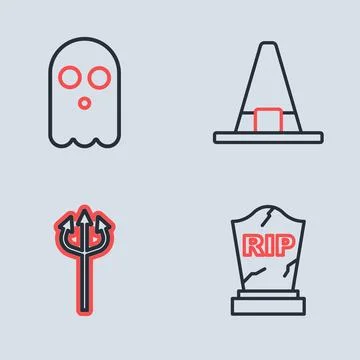 Set line Witch hat, Trident devil, Tombstone with RIP written and Ghost ico.. Stock Illustration