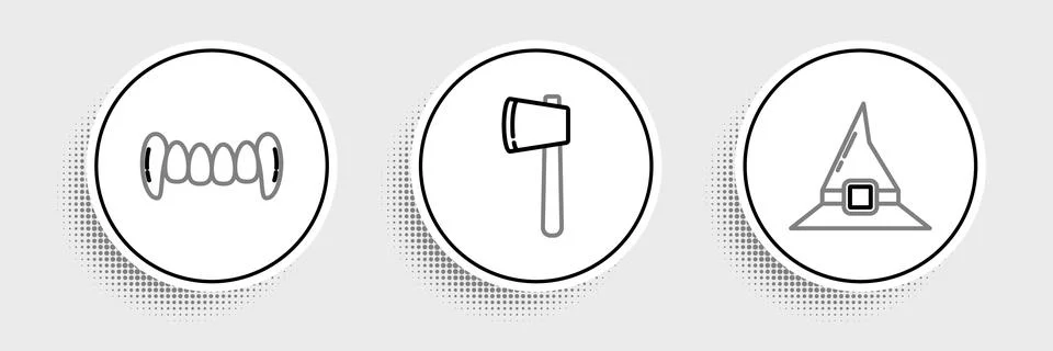 Set line Witch hat, Vampire teeth and Wooden axe icon. Vector Stock-Illustration