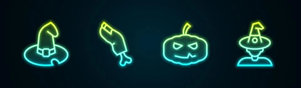 Set line Witch hat, Zombie finger, Pumpkin and . Glowing neon icon. Vector Stock Illustration