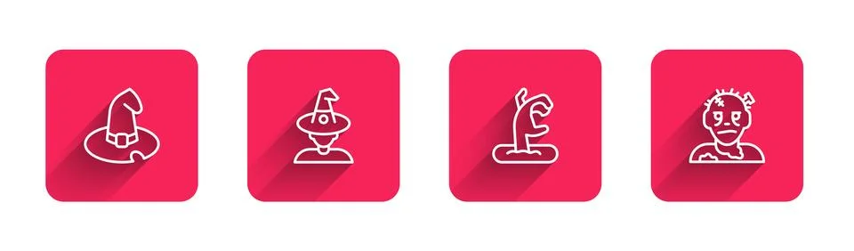 Set line Witch hat, , Zombie hand and mask with long shadow. Red square but.. Stock Illustration
