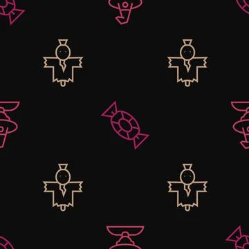 Set line Witch, Scarecrow and Candy on seamless pattern. Vector Stock Illustration