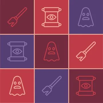 Set line Witches broom, Ghost and Magic scroll icon. Vector Stock Illustration