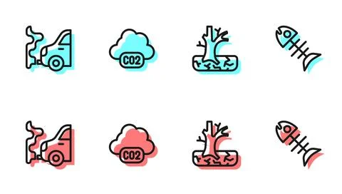 Set line Withered tree, Car exhaust, CO2 emissions in cloud and Dead fish i.. Stock Illustration