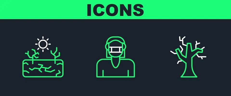Set line Withered tree, Drought and Face in protective mask icon. Vector イラスト素材