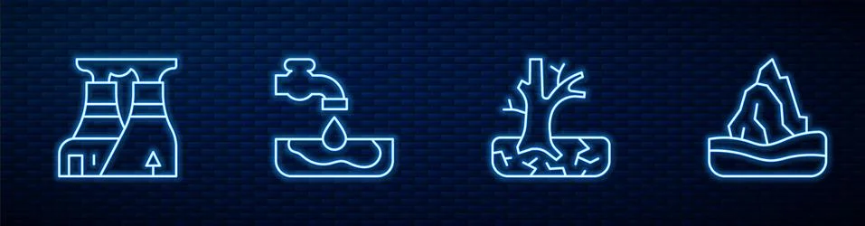 Set line Withered tree, Nuclear power plant, Water problem and Iceberg. Glowing Stock Illustration