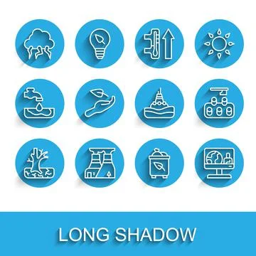 Set line Withered tree, Nuclear power plant, Storm, Recycle bin with recycle Ilustração Stock