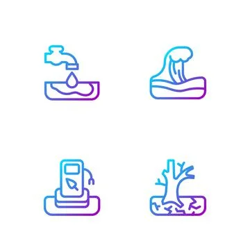 Set line Withered tree, Petrol or gas station, Water problem and Tsunami Stock-Illustration