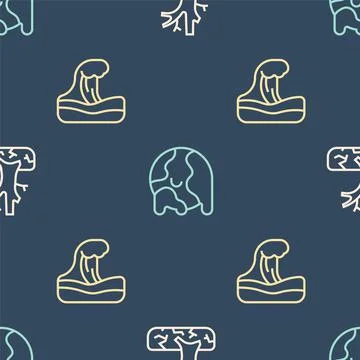 Set line Withered tree, Tsunami and Global warming on seamless pattern. Vector Stock Illustration