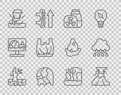 Set line Withered tree, Volcano eruption with lava, Nuclear power plant, Gl.. Stock Illustration