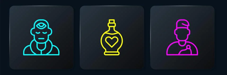 Set line Wizard warlock, and Bottle with love potion. Black square button Stock Illustration