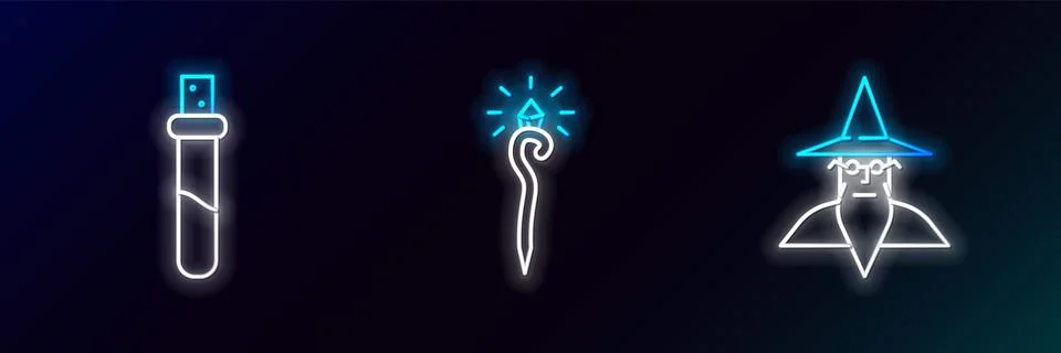 Set line Wizard warlock, Bottle with love potion and Magic staff icon. Glow.. Stock Illustration