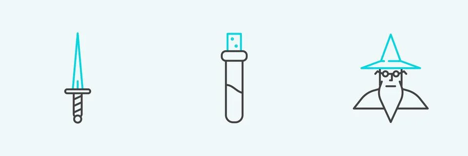 Set line Wizard warlock, Dagger and Bottle with love potion icon. Vector Illustrazione stock