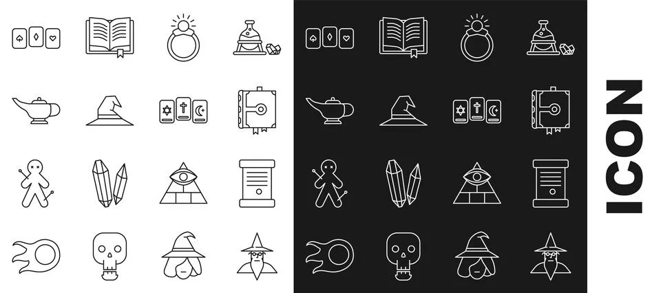 Set line Wizard warlock, Decree, paper, parchment, scroll, Ancient magic bo.. Stock Illustration