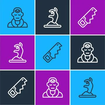 Set line Wizard warlock, Hand saw and Zombie hand icon. Vector Stock Illustration