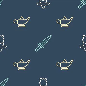 Set line Wizard warlock, Magic lamp or Aladdin and Dagger on seamless pattern Illustrazione stock
