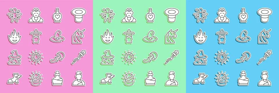 Set line Wizard warlock, Magic staff, Unicorn, Bottle with love potion, Fire Ilustração Stock